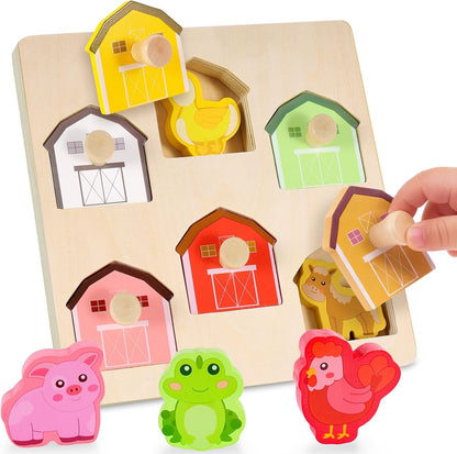 Wooden Puzzles for Toddlers 1-3, Animal Match Farm Peg Puzzle for Toddlers Age 1+, Montessori Toys for 1 2 Year Old, Knob Puzzle Birthday Gift, Preschoool Learning Toys