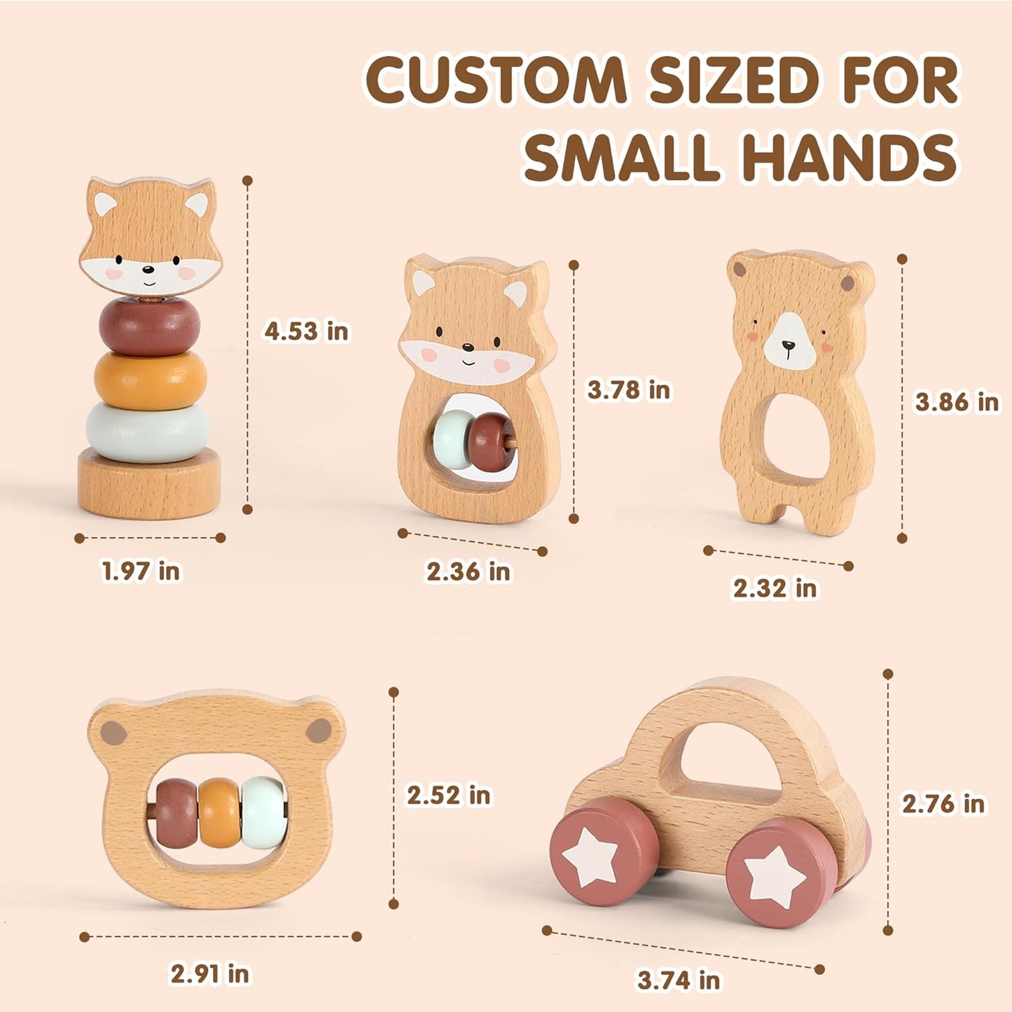 FReniland Wooden Montessori Baby Toys Set, 5-Piece Newborn Gift Set with Koala Rattle, Fox Stacking Rings & Push-Pull Toy for Boys and Girls