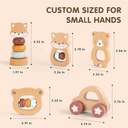 FReniland Wooden Montessori Baby Toys Set, 5-Piece Newborn Gift Set with Koala Rattle, Fox Stacking Rings & Push-Pull Toy for Boys and Girls