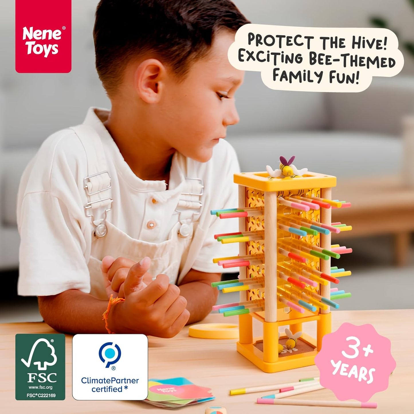 Nene Toys BeeFall Jumbo, 4-in-1 Wooden Honey Bee Toy for Kids Ages 3-9 - Educational Game with Wooden Honeybee Hive, 12 Bees, Colorful Sticks, Dice & Cards - Fun Family Game for Cognitive Development
