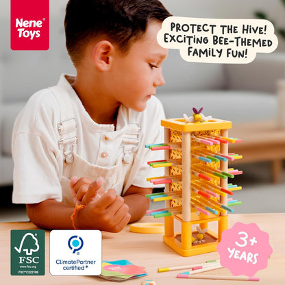 Nene Toys BeeFall Jumbo, 4-in-1 Wooden Honey Bee Toy for Kids Ages 3-9 - Educational Game with Wooden Honeybee Hive, 12 Bees, Colorful Sticks, Dice & Cards - Fun Family Game for Cognitive Development