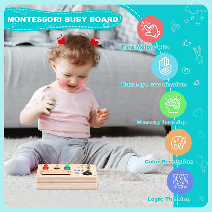 Busy Board Toddler Montessori Led Light Switch Busy Board Autism Sensory Wall Panel Fidget Board Wooden Toys for Toddlers 1-3