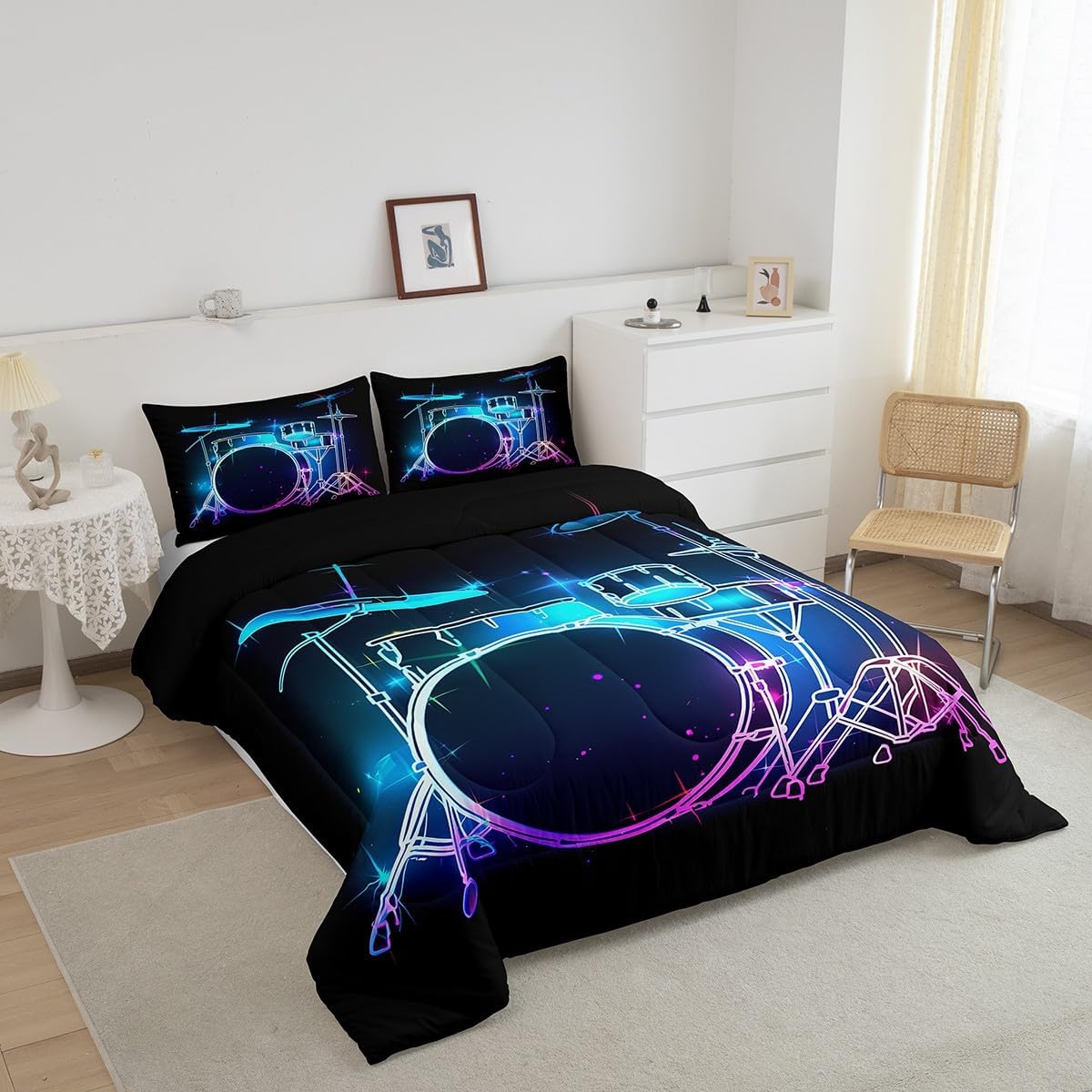 Castle Fairy Drum Kit Comforter Set,Musical Instruments Bedding Set for Kids Girls Women,Adults Rock Music Comforter,Neon Lighting Quilted Duvet Set Bedroom Collection Twin Size 2Pcs