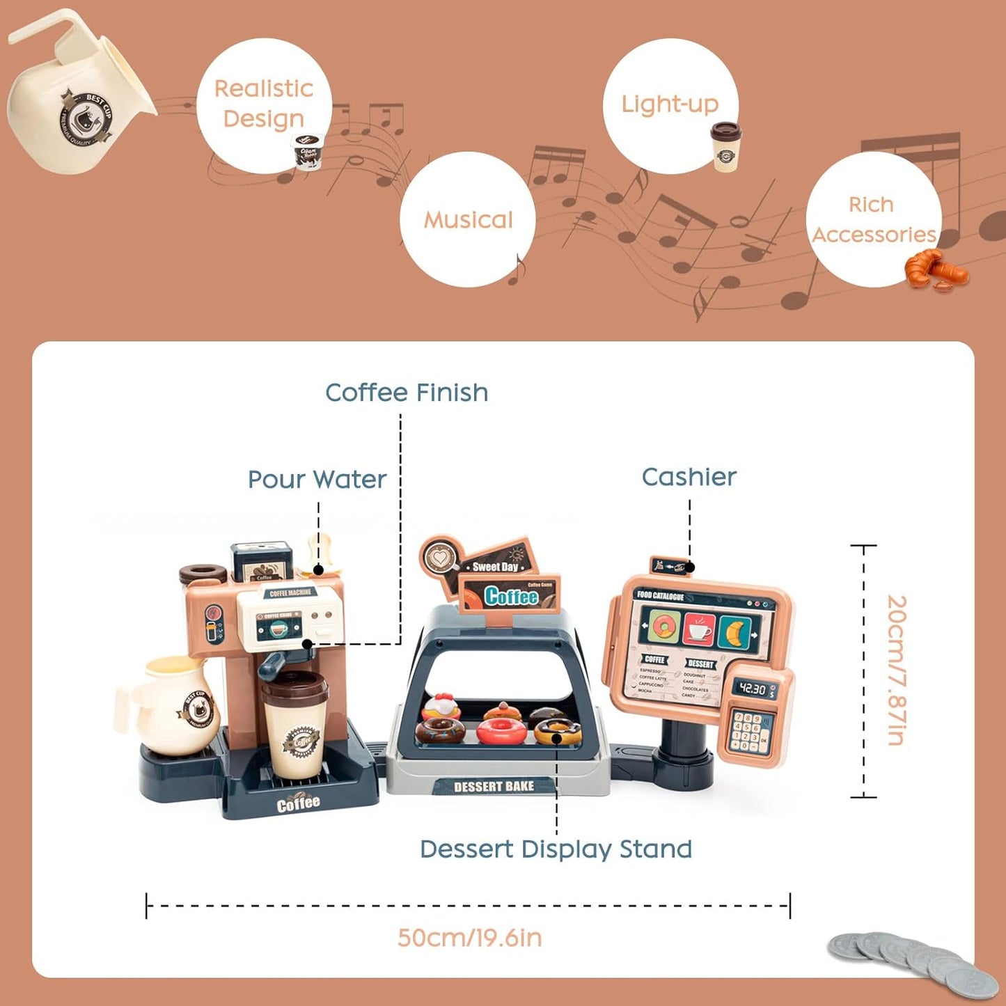 Pretend Play Coffee Shop Playset 41 PCS with Coffee Maker Machine, Sound Cash Register and Dessert Bakery Realistic Role Play Toy with Play Money, Donuts Cakes for Kids Birthday Party Fun