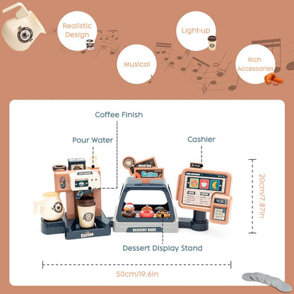 Pretend Play Coffee Shop Playset 41 PCS with Coffee Maker Machine, Sound Cash Register and Dessert Bakery Realistic Role Play Toy with Play Money, Donuts Cakes for Kids Birthday Party Fun