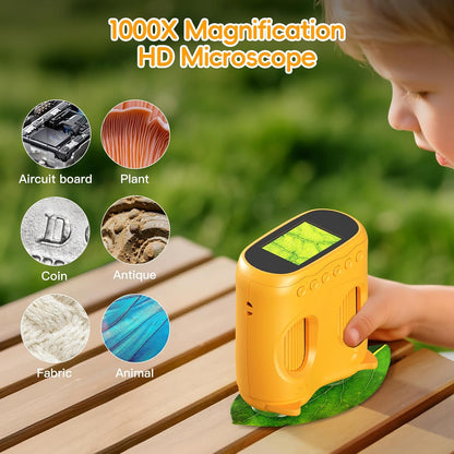 2 in 1 Kids Telescope Microscope, 1000X Digital Microscope, Portable Telescopes for Kids, 4K Discovery Microscope, Handheld Microscope STEM Gift for 3-12 Years Boys Girls（Yellow）