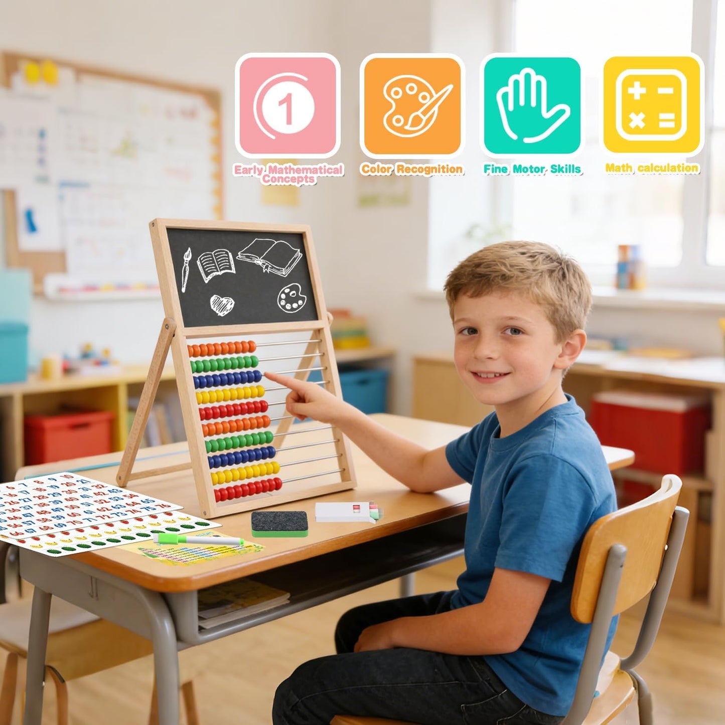 Wooden Abacus for Kids Math Games for Kids 3-5 4 5-7 6-8 Counters Toys with Double-Sided Whiteboard Blackboard and Magnetic Number Cards 1-100 Educational Counting Math Manipulatives 1st 2nd grade