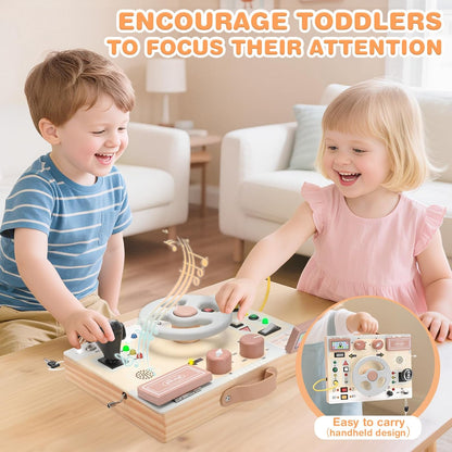Joyreal Wooden Busy Board with LED Light, Montessori Toddler Toys, Wooden Sensory Board, Toddlers Activity Travel Toys for Boy & Girl Birthday Gift (Farm Theme)