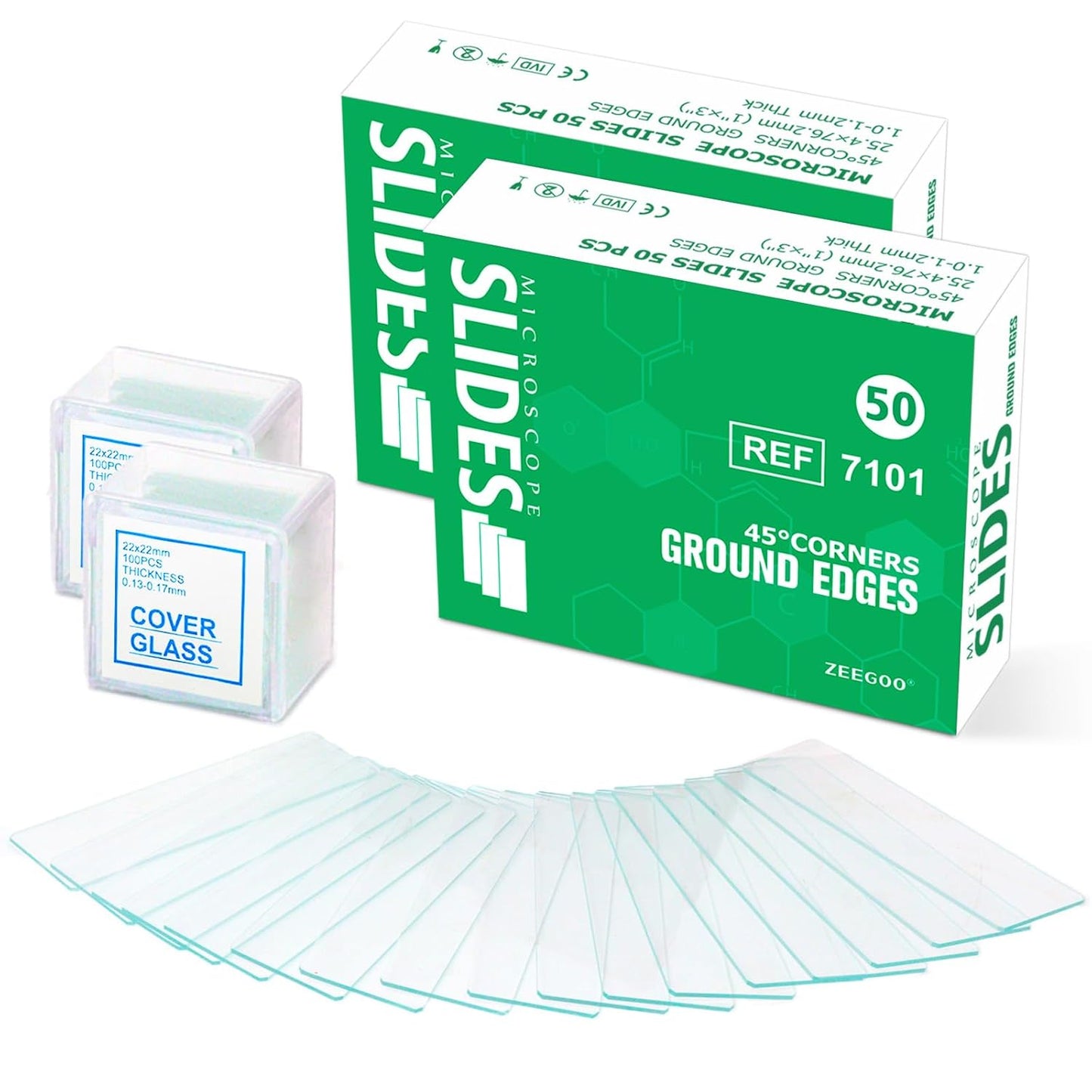 ZEEGOO Microscope Slides and Covers, Pre-Cleaned Optical Glass, High Light Transmittance, 50 Slides + 100 Coverslips, Ground Edges & 45° Corners, Fits Most Microscopes, Classroom, Lab & Home Use