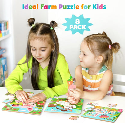 Zeoddler Wooden Puzzles for Toddlers, 8 Pack Farm Animal Jigsaw Puzzles for Kids3-5, 9 Pieces Preschool Learning Activities, Learning & Educational Toys, Gift for Boys, Girls