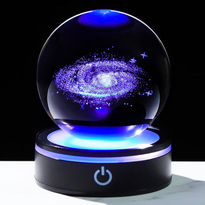 YWHL 3D Solar System Crystal Ball 80mm with Light Base, Laser Engraved Glass Planet Solar System Model Sphere Night Light Decor Space Universe Astronomy Gifts for Women Men Teens Boys and Girls