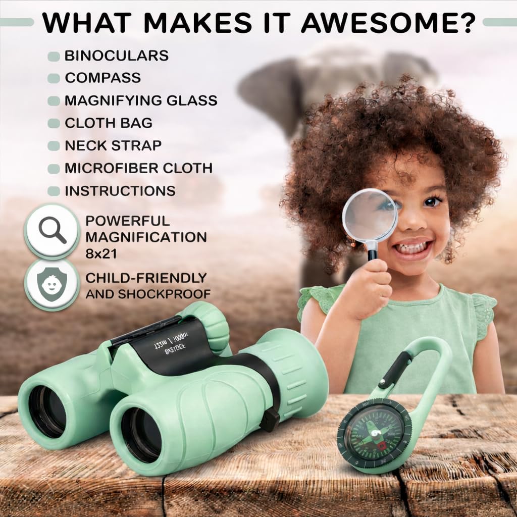 Binoculars for Kids – Perfect Toy for Little Boys and Girls – Extensive Set Incl. Magnifying Glass & Compass – Powerful Magnification 8X21 – 3 to 12 Year Old Kids for Toddler