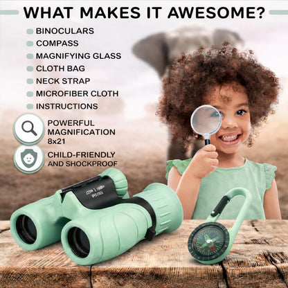 Binoculars for Kids – Perfect Toy for Little Boys and Girls – Extensive Set Incl. Magnifying Glass & Compass – Powerful Magnification 8X21 – 3 to 12 Year Old Kids for Toddler