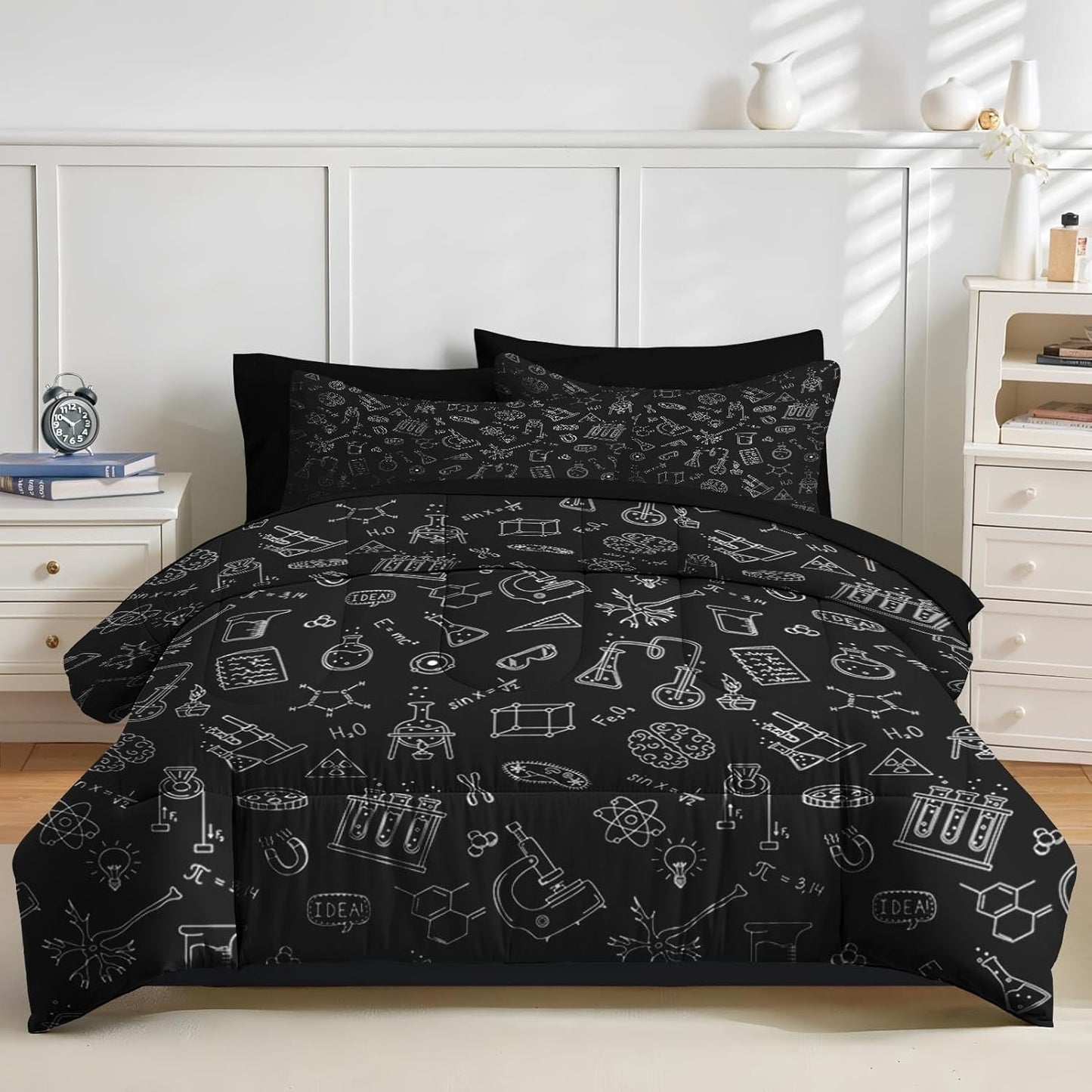 Nesker Comforter Set Twin Size, Science Lab School 5 Pcs Bedding for Kids and Adults, Medical University Chemistry Bed Sheet Sets with Fitted Sheet Pillowcase & Sham