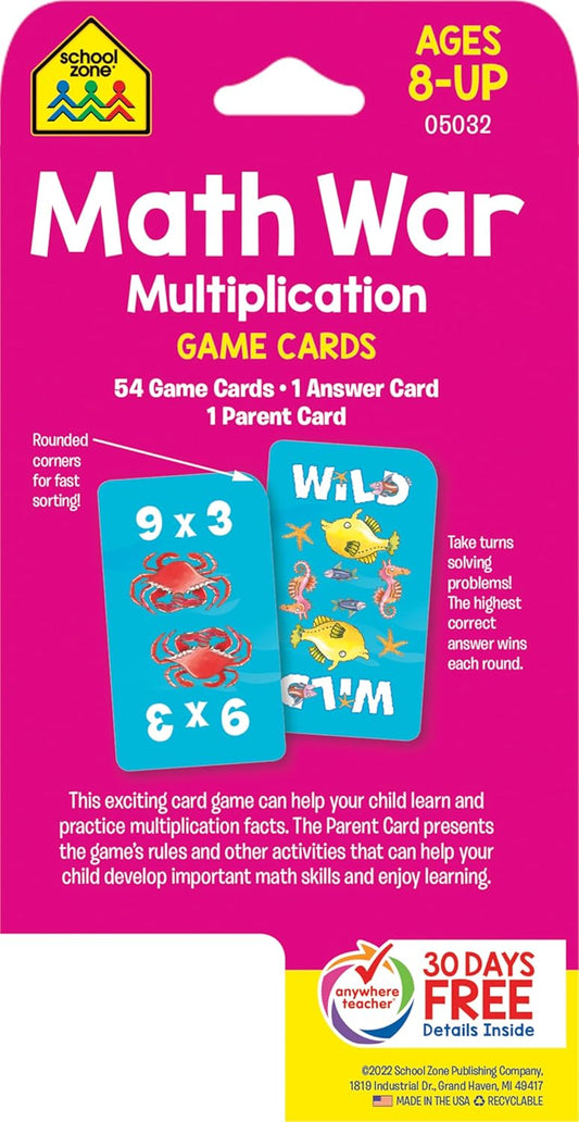 School Zone Math War Multiplication Game Cards: 56 Cards, 3rd Grade, 4th Grade, 5th Grade, Math Games, Beginning Algebra, Multiplication Facts & Tables, Ages 8+