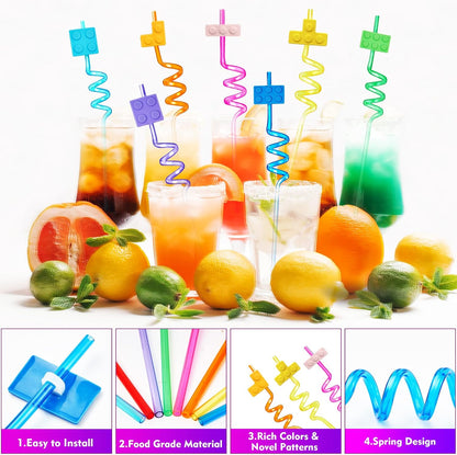 24 Pcs Building Blocks Theme Drinking Straws - 8 Colors Reusable Straws for Adults Brick Themed Gatherings Accessories With 2 Cleaning Brushes