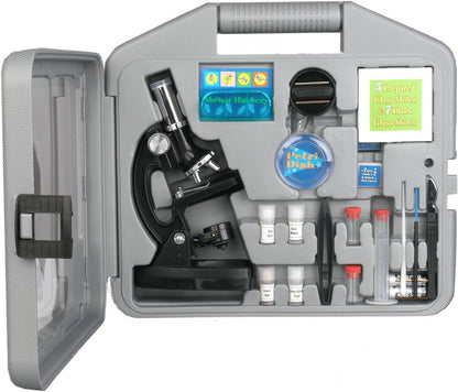 AmScope M30 Series 52-Piece STEM Microscope Kit for Kids - Monocular, Portable Compound Microscope for Kids - Includes Petri Dish, Slides & More - Black