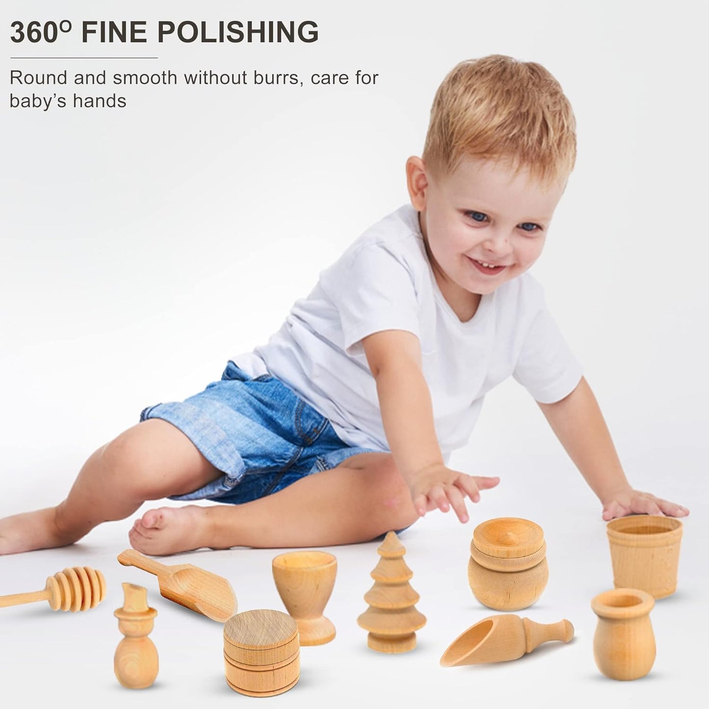 Wooden Tool Set for Sensory Bin (10 Piece), Child-Sized Montessori Sensory Toys for Developing Fine Motor Skills, Smooth Wooden Toys, Bin Scoops and Tools