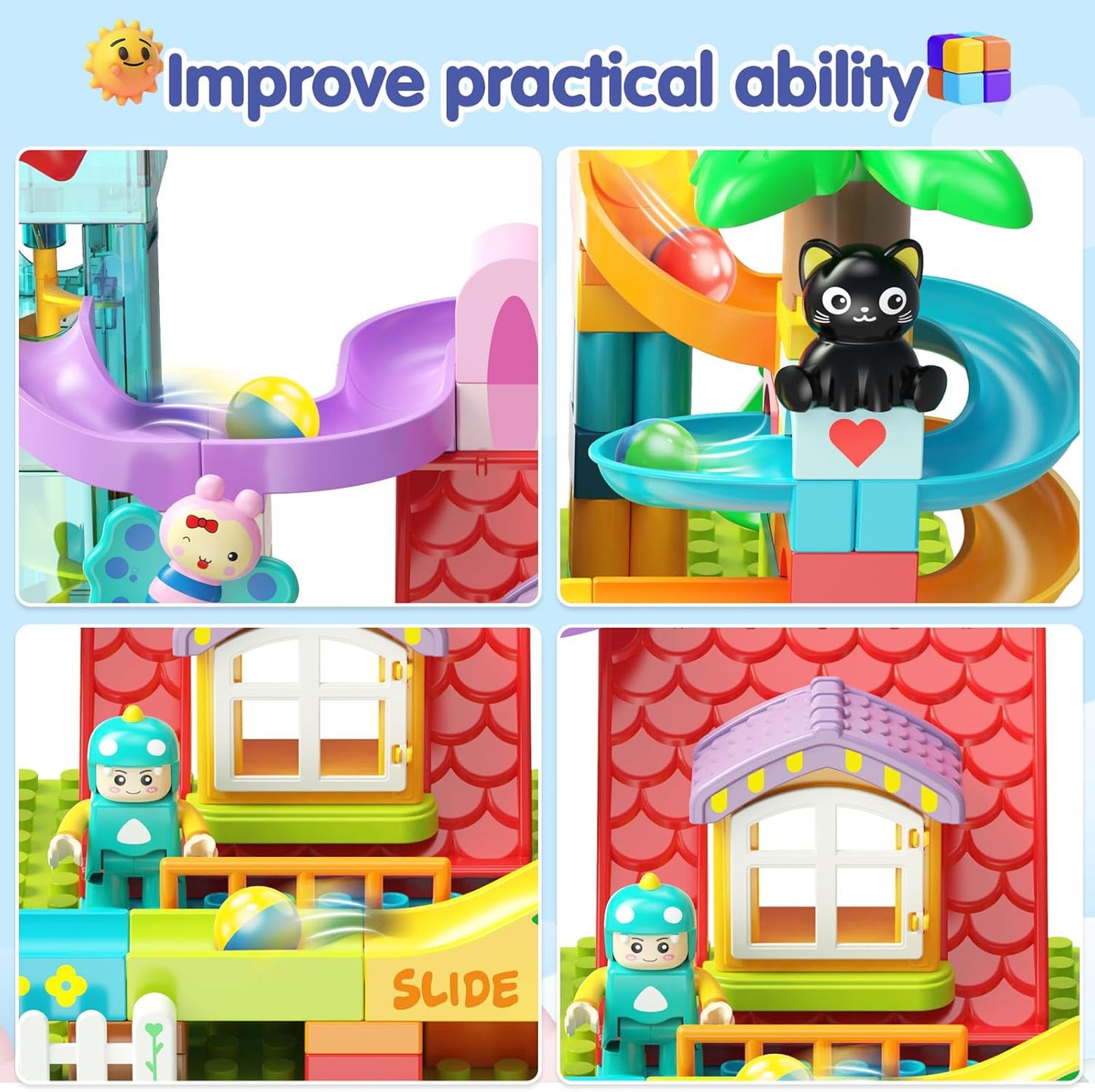 Kid Marble Run Building Blocks with Elevator Spiral Lift,Gift Toy Bricks Marble Maze Ball Race Track Set with Motorized Elevator,Big Blocks Educational STEM for 3 4 5 6 7 8 Year Old Boys Girls
