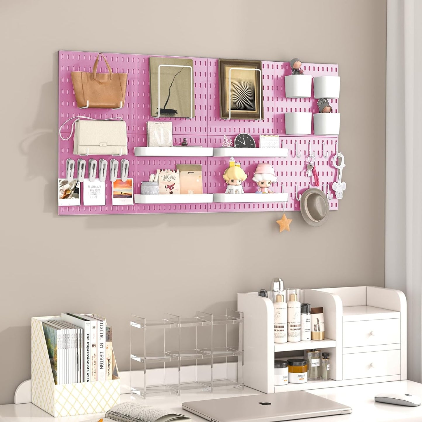 Pegboard Combination Kit, 8 Peg Boards and 30 Accessories Modular Hanging Black Pegboard for Walls, Office Wall Organizer, Keys Holder on Wall, Nursery Storage, 44"x22" Black