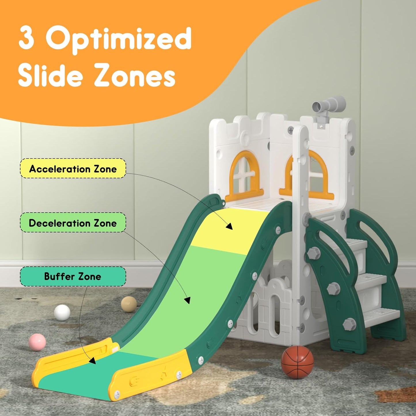 LulliSpace 6 in 1 Toddler Slide,Kids Playset for Toddlers Indoor Outdoor, Baby Slide with Basketball Hoop, Telescope & Storage Space,Non-Slip Steps for Great Gift