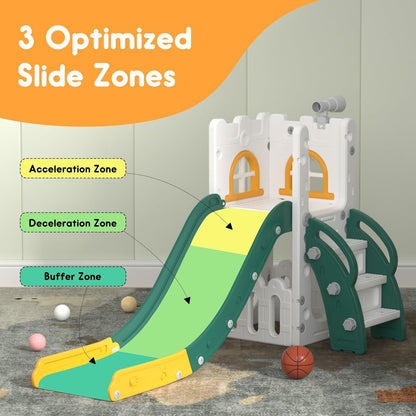 LulliSpace 6 in 1 Toddler Slide,Kids Playset for Toddlers Indoor Outdoor, Baby Slide with Basketball Hoop, Telescope & Storage Space,Non-Slip Steps for Great Gift