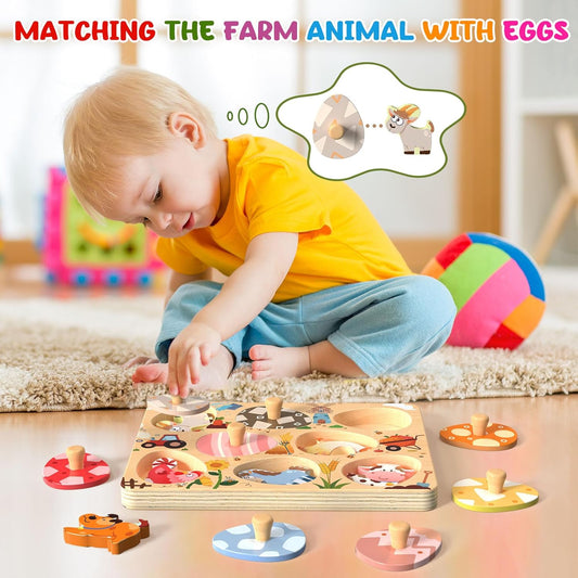 Zeoddler Easter Wooden Puzzles for Toddlers, 8 Pcs Farm Animal Matching Egg Puzzle, Montessori Toys for Boy Girl Birthday Gifts, Preschool Learning Activities & Educational Toys for Boys, Girls