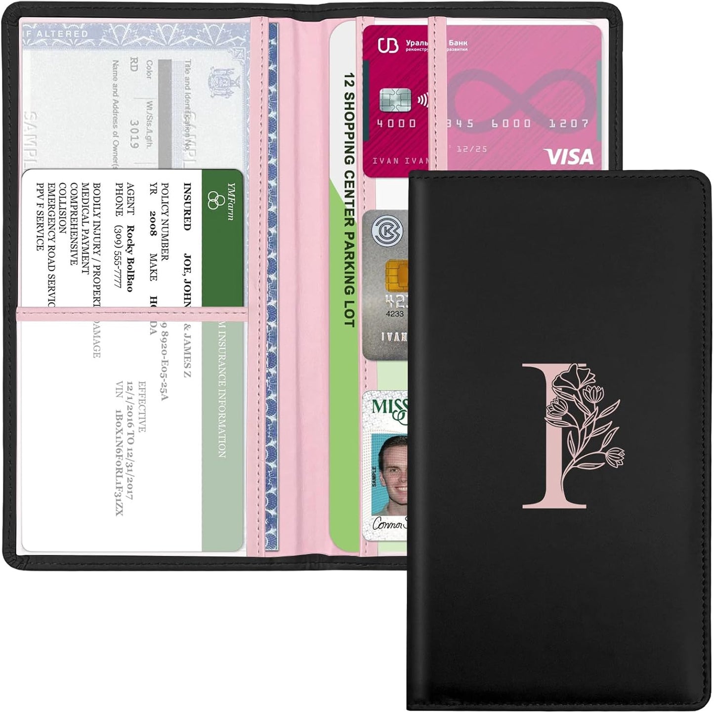 Letter Car Registration and Insurance Holder, with Magnetic Closure for License, Cards and Documents,Vehicle Glove Box Car Organizer, Interior Car Accessories for Women Men (I)