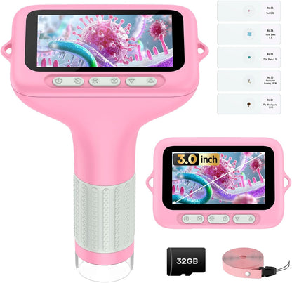 3.0" Screen Digital Microscope for Kids: 1000X Rechargeable Mini Pocket Portable Miniscope Magnifying Glass 4K Coin Jewelry Loupe Edu Science STEM Toy Xmas Gift 4-12 Boys Girls