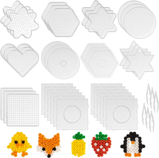 45 PCS Fuse Beads Pegboards Kit, Clear Plastic Peg Boards with 39 Templates in 10 Shapes and 6 Tweezers, 5 mm Bead Boards Craft Supplies for Little Ones DIY Beads Projects