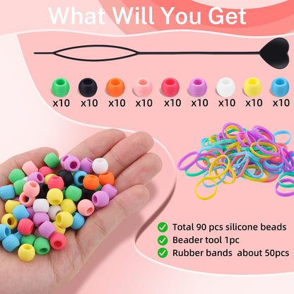150Pcs 10mm Small Silicone Beads for Hair Braids, Soft Jellyish Pony Hair Beads with 5mm Hole + 50 Rubber Bands and 1 Beader for Braiding, DIY Bracelets Necklaces Crafts (Pink)