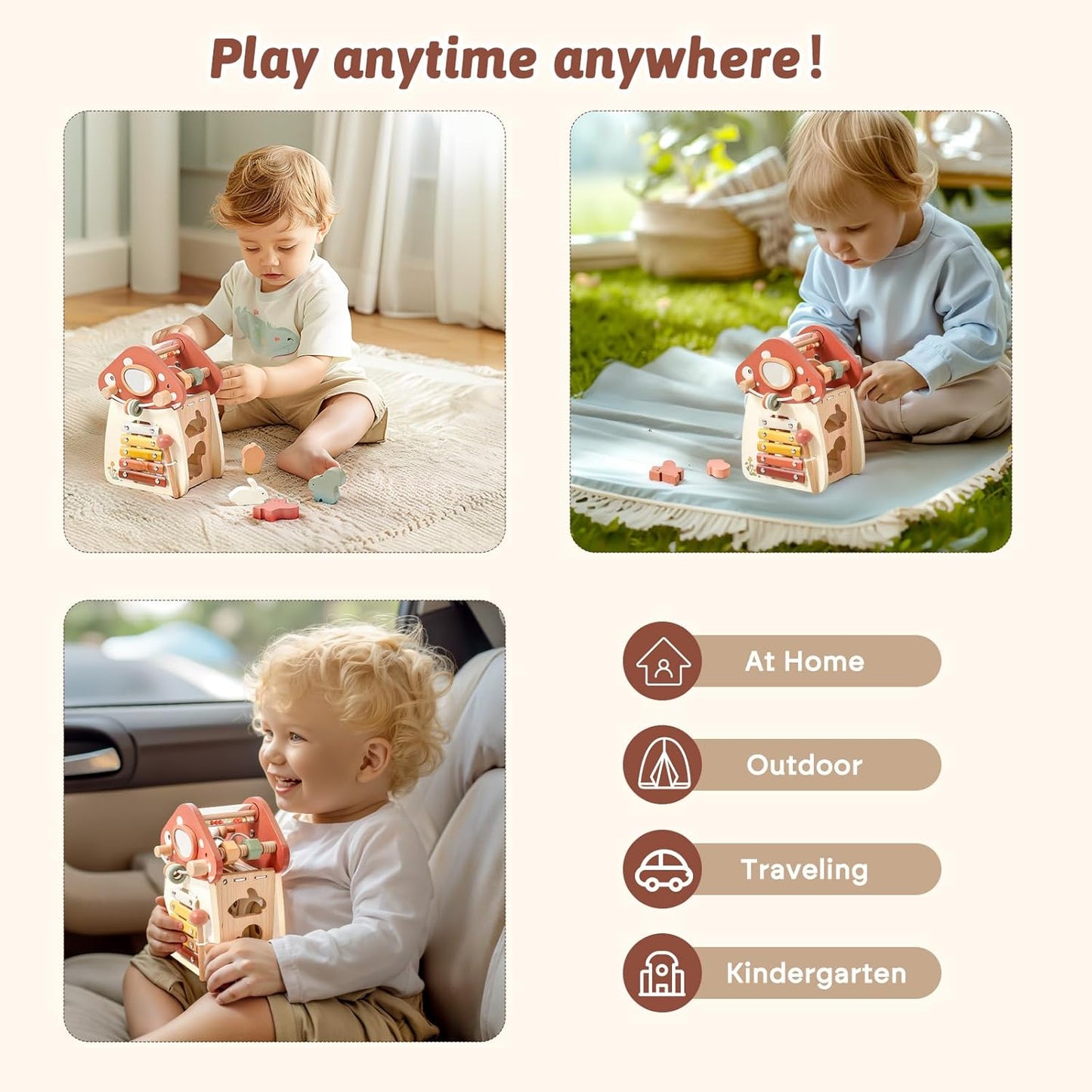 Youuys Wooden Activity Cube 9-in-1 Montessori Toys for 3+ Year Old Boys & Girls, Multipurpose Educational Sensory Learning Toys for Baby Toddlers with Mirror, First Birthday Gift (Castle)
