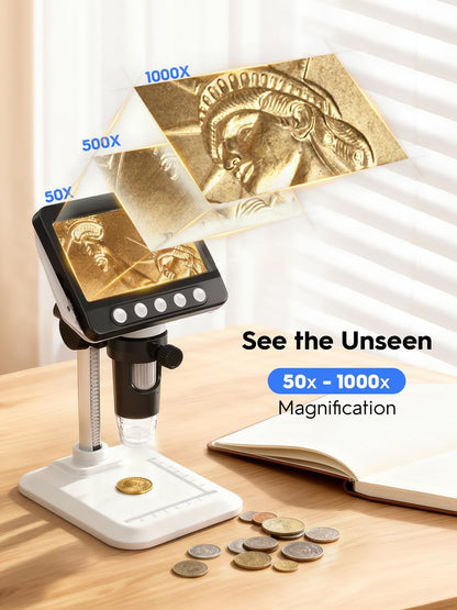 Coin Microscope, 4.3" LCD USB Digital Microscope 1000X Coin Magnifier with 8 Adjustable LED Lights, 1080P PC View Compatible with Windows/MacBook for Adults Kids