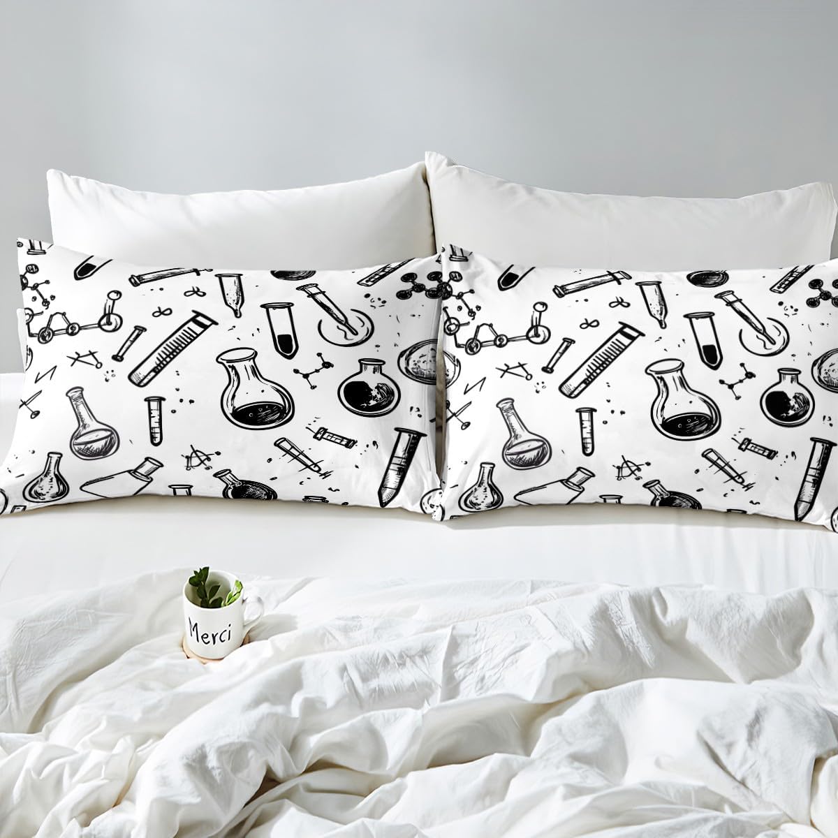 Chemistry Bed Sheets for Kids Teens Girls Boys,Chemical Experiment Fitted Sheet Twin,Science Themed Sheets for Math Lovers,Chemistry Lab Bedding Set,White and Black