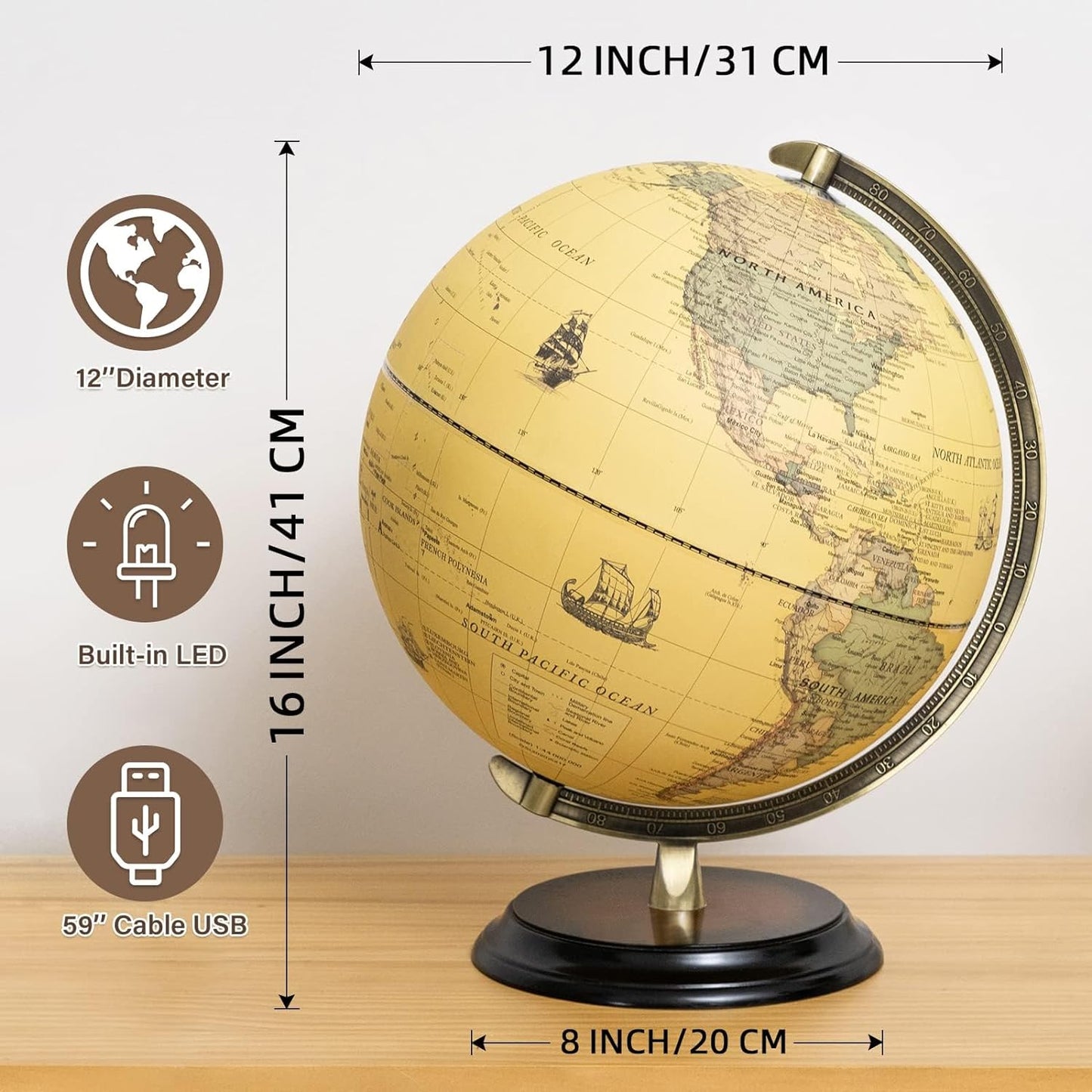 BSHAPPLUS 13 inch Large Globe for Classroom & Home Learning, Political Globe with 195+ Countries, Dry Erase & Waterproof Surface, Solid Stainless Steel Base (No Assembly Required)
