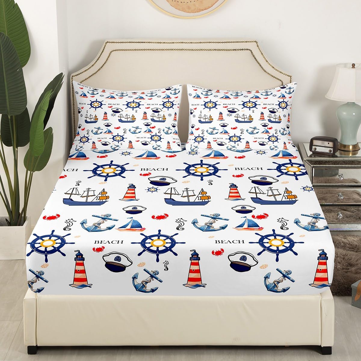 Manfei Musical Kids Fitted Sheet Full Size, MusicalGuitar Radio Drum Kit Headset Print Bedding Set 3pcs for Boys Girls, Rock Music Bed Cover with 2 Pillowcases, Soft Polyester Bedding, No Top Sheet