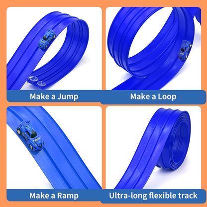 16.5ft Build Anywhere Portable Race Track with Suction Cups - Flexible Roll-Up Design Fits 1/64 Scale Cars, Portable Toy Gift for Kids 4+ Year Old (3 Tracks/Red)