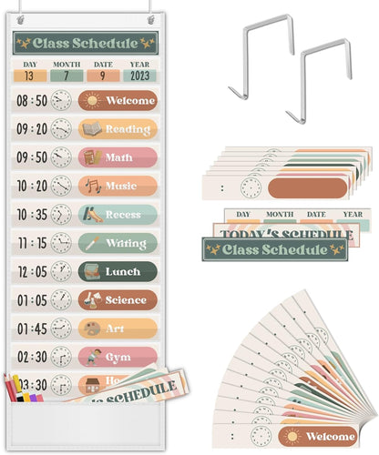 Godery Boho Daily Schedule Pocket Chart for Classroom with 24 Cards，Welcome Back to School Classroom Decorations, White