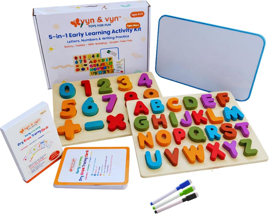 Wooden Puzzles for Toddlers 3-5 | Alphabet Number Shape Montessori Learning Toys | Magnetic Whiteboard, Flashcards & Markers | Preschool Educational 5-in-1 Learning Kit | VYN & VYN (Multicolor)