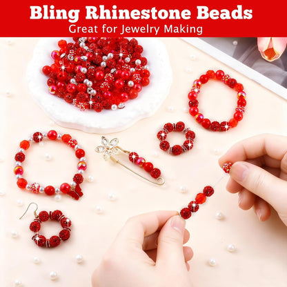 300 Pcs Diamonds Beads for Jewelry Making, Included 10 mm Red Rhinestone Beads for Bracelets, Bubblegum Bead for Pen Making, Pearl and Spacer Bead for Bracelet Necklace Earring Crafting