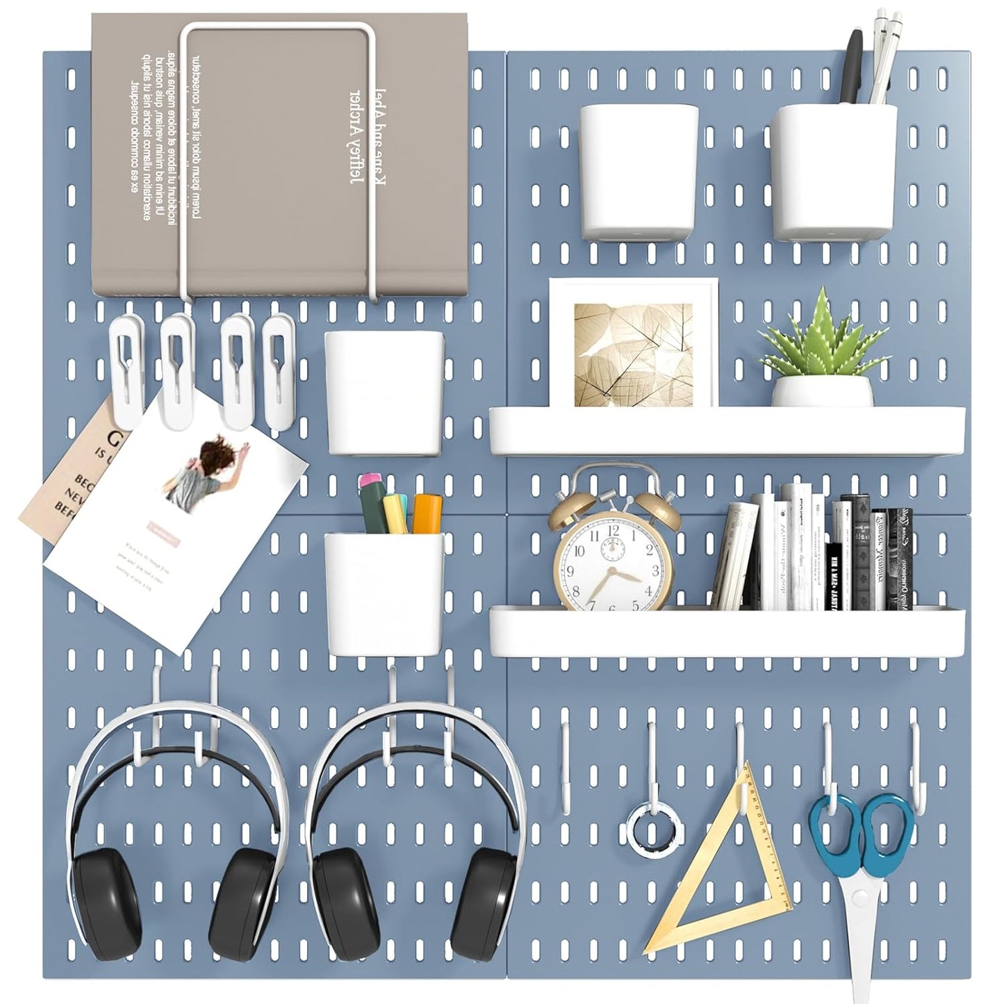Peg Board Combination Kit, 4 Pegboards with 20 Accessories, Pegboard Wall Organizer for Office, Nursery & Home Storage, Key Holder, 25.6"x25.6" – Nail-Free Installation（White）
