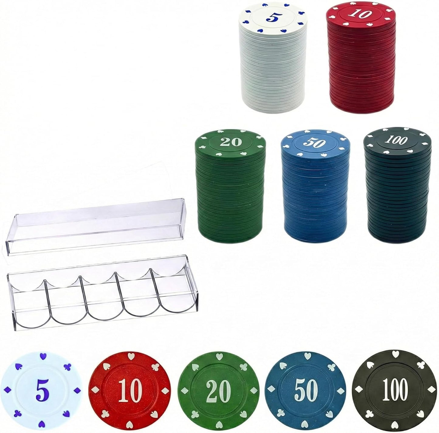 100-Piece Numbered Poker Chips Set with Clear Acrylic Case, 5/10/20/50/100 Denominations, Durable ABS Plastic Gaming Tokens for Texas Hold'em, Blackjack, Math Counting and Party Games