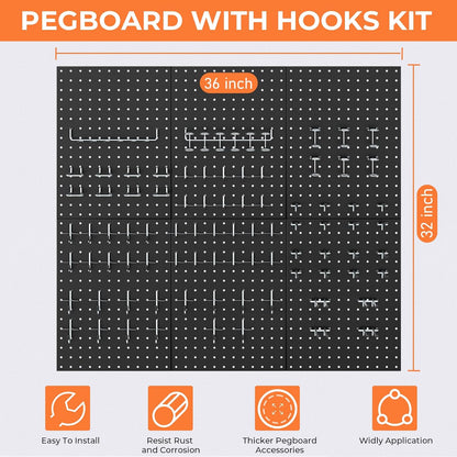 INCLY 70PCS Pegboard Wall Organizer, 4PCS Metal Peg Board Panels with 66PCS 1/4" Pegboard Hooks Accessories Kit, Black Peg Board for Walls Home, Garage Tool Storage, Workbench Organization