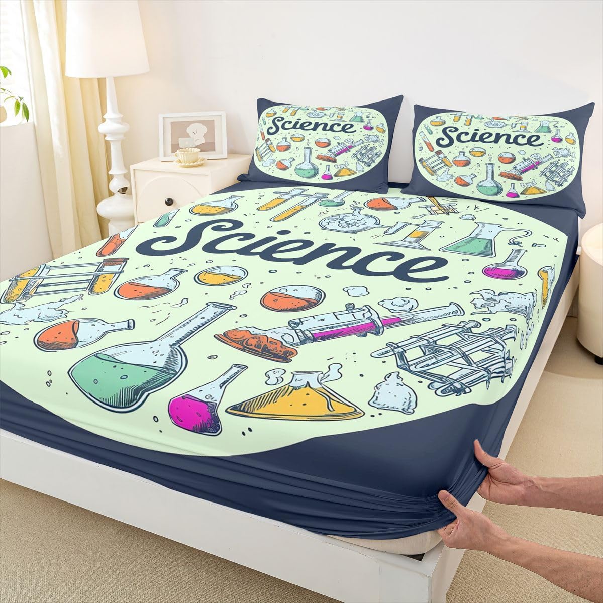 Erosebridal Chemistry Lab Fitted Sheet Twin Size Chemical Equation Bed Sheets for Boys Girls Chemical Elements Science Theme Bed Set Teens Kids Science Students Bedding Set School Dorm Room Decor