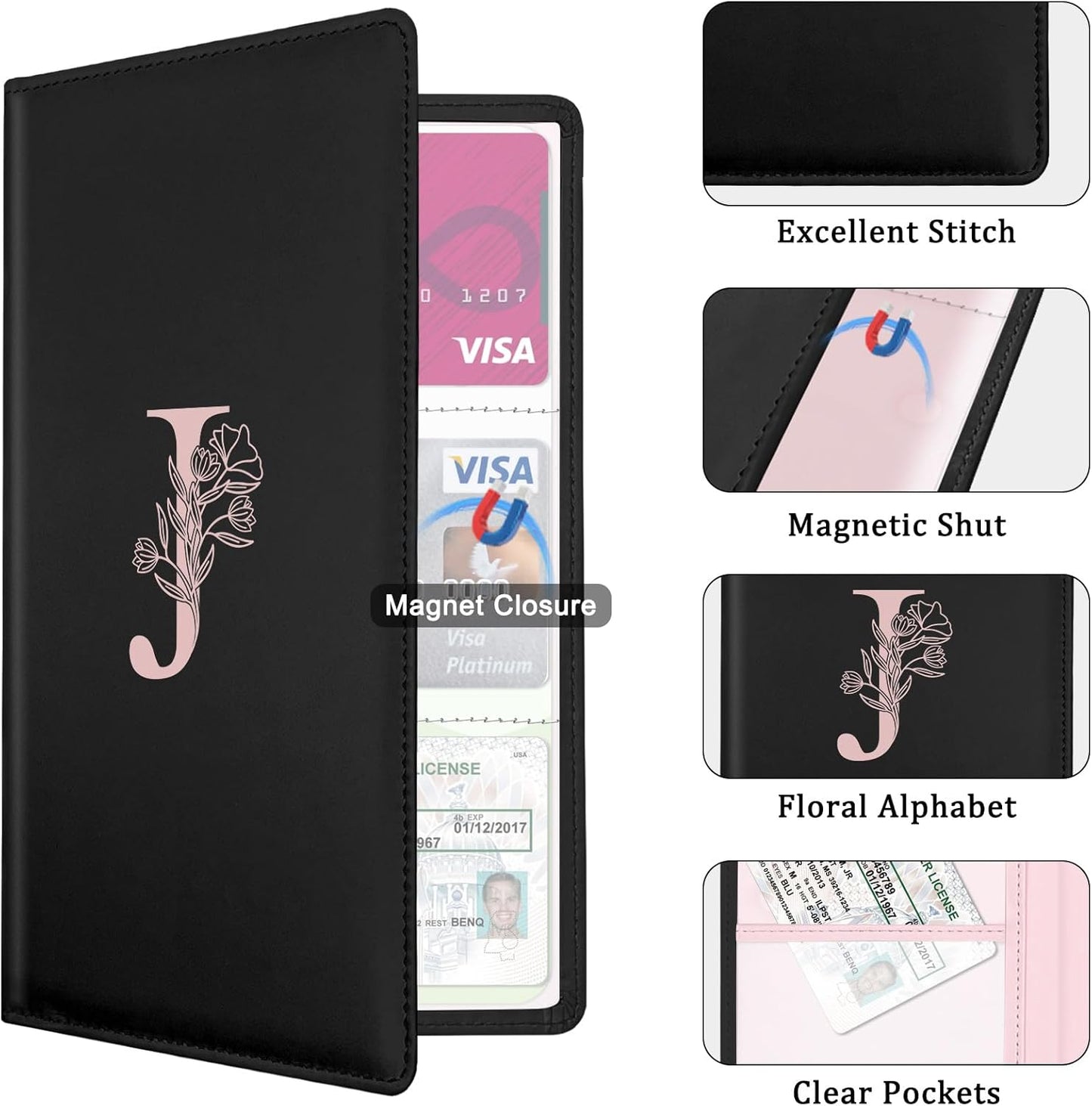 Letter Car Registration and Insurance Holder, with Magnetic Closure for License, Cards and Documents,Vehicle Glove Box Car Organizer, Interior Car Accessories for Women Men (I)