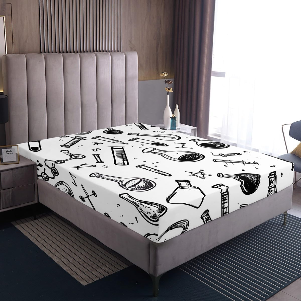 Chemistry Bed Sheets for Kids Teens Girls Boys,Chemical Experiment Fitted Sheet Twin,Science Themed Sheets for Math Lovers,Chemistry Lab Bedding Set,White and Black