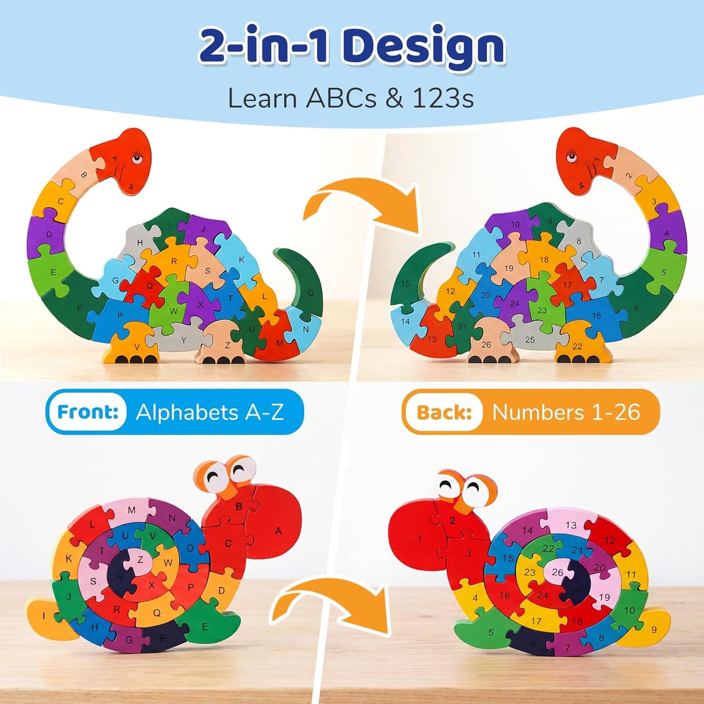 LovesTown Wooden Puzzles for Kids, Double Sided Snail & Dinosaur Jigsaw Set with Alphabet & Numbers, Montessori Educational Toy for Toddlers, Chunky Animal Gift