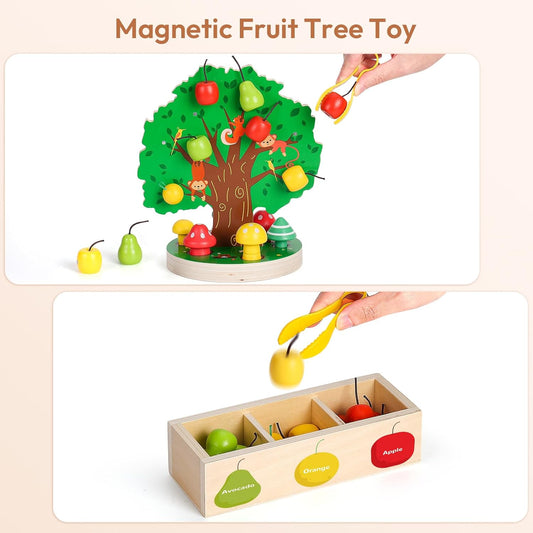 Woodtoe Montessori Toys for 3 4 5 6 Year Old, Pumpkin Picking Magnetic Leaves Tree Toy, Toddler Fine Motor Skill Toy, Wooden Sensory Color Sorting Toys, Autumn Pumpkin Toy Birthday Gifts for Kids 3-6