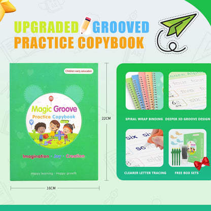 BYFWH Magic Groove Practice Copybook for Kids, Reusable Writing Practice Books, Grooved Handwriting Book Set for Kid Ages 3-8 Calligraphy 5.59 * 7.91 (5 Medium Books with Cactus Pens & Gift Box)