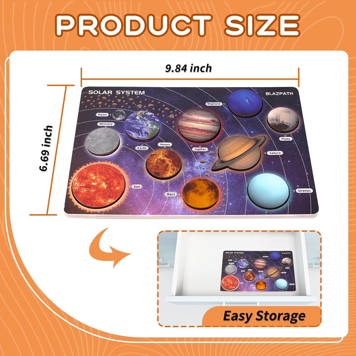 Solar System Wooden Puzzle Toys for Kids 3-5, Toddler Outer Space Montessori Planet Toys Gifts for Girls & Boys, Preschool Solar System Learning Planet Wood Puzzle Board Sensory STEM Game